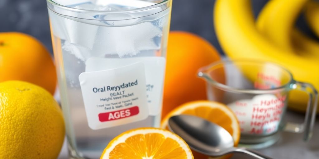 Glass of rehydration solution with fruits and measuring tools.