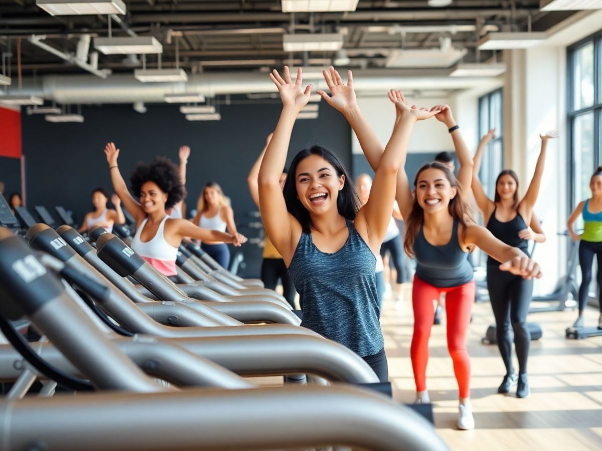 Oameni activi, echipamente moderne, lumini dinamice, studio de fitness.