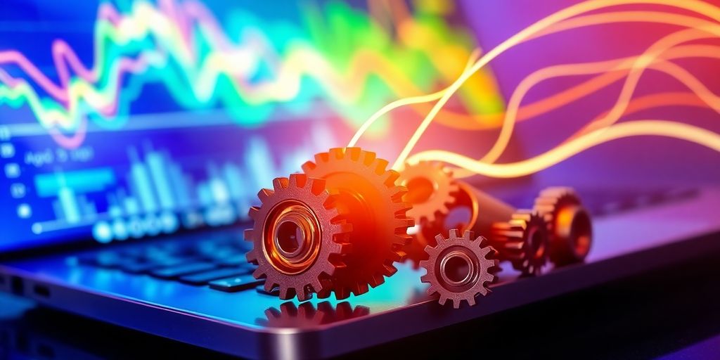 Laptop, gears, and data streams.