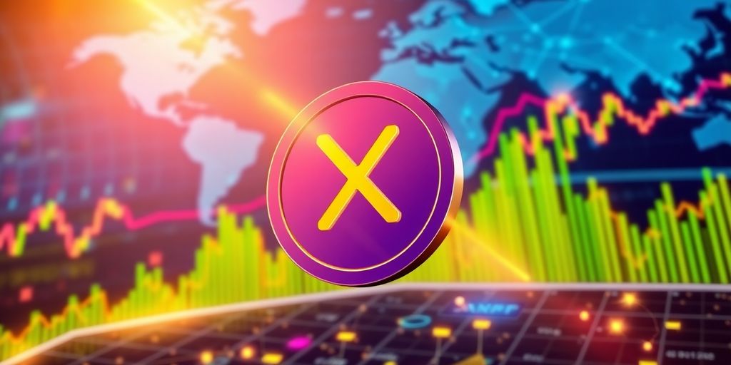 Soaring XRP coin, global market visuals.