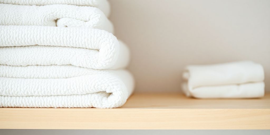 Fluffy white towels stacked neatly on a bathroom shelf.