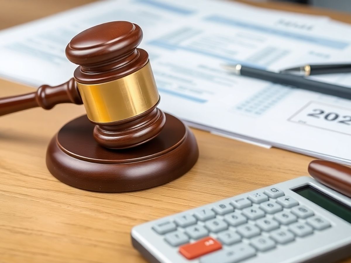 Gavel, documente legale și un calculator pe birou.