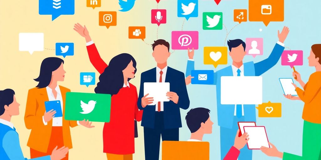 Business professionals engaging with social media.