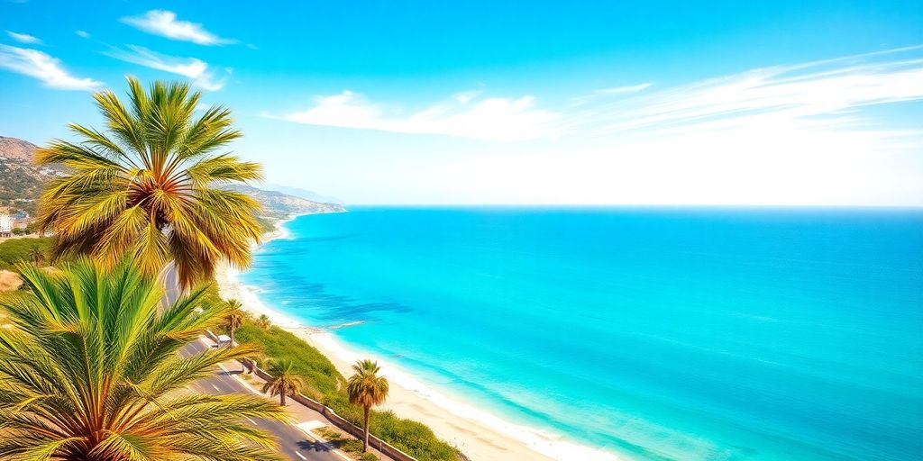 Plage de Saïdia avec palmiers et mer bleue, Oujda au loin.