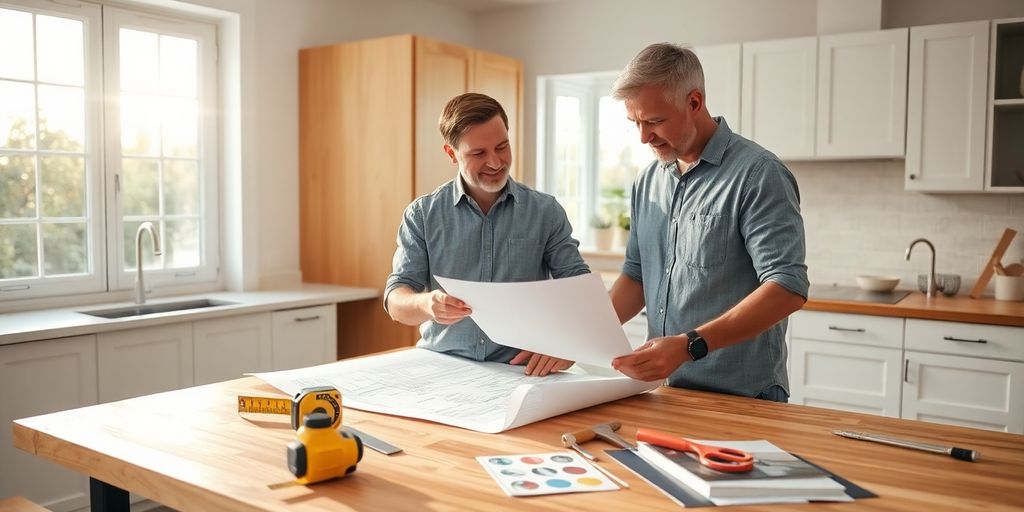 Contractor and homeowner reviewing renovation plans in a modern kitchen.