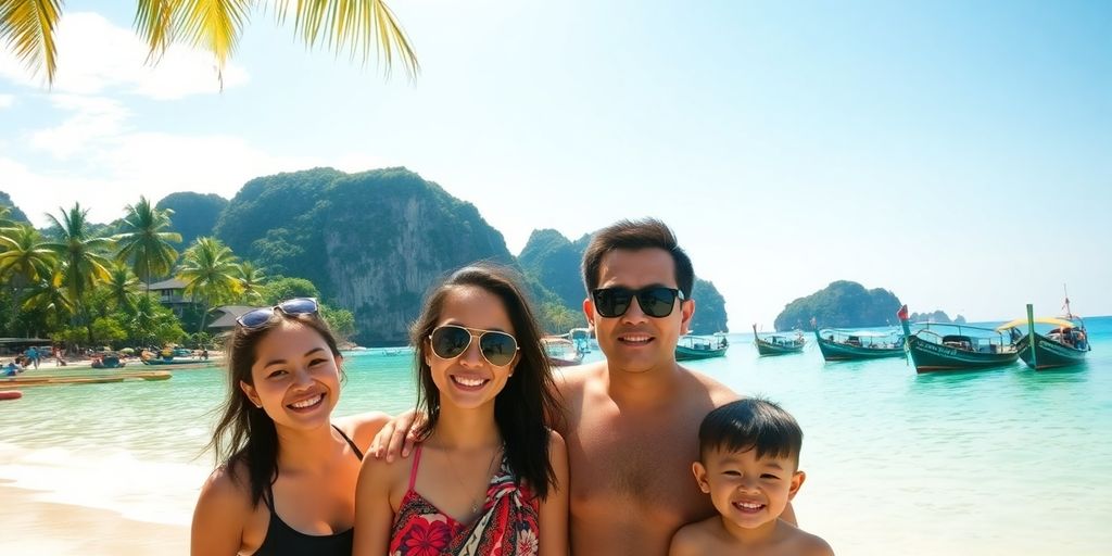 Family on a sunny Thai beach with palm trees and clear water.