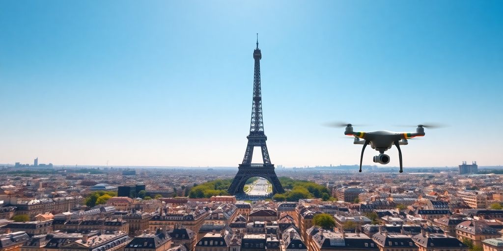 Vue aérienne de Paris et drones interdits.