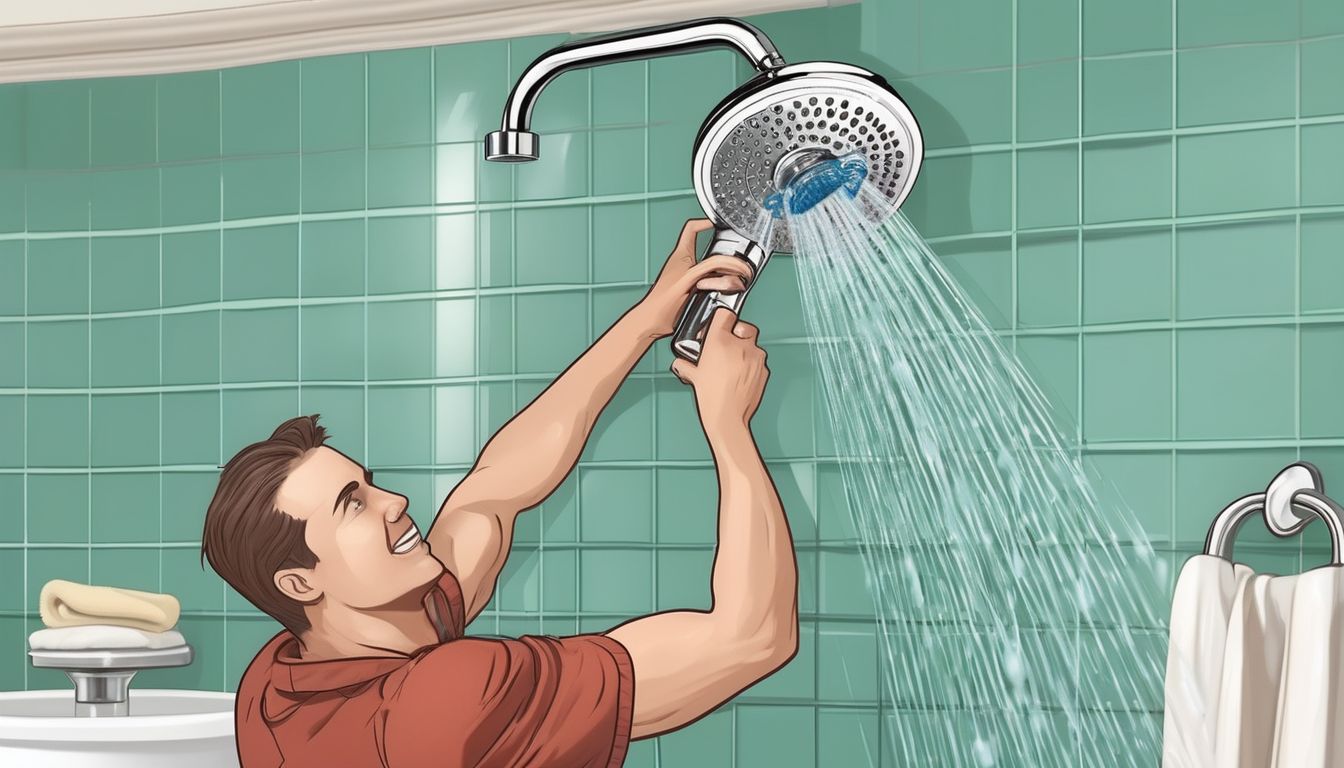 person installing a showerhead in a bathroom