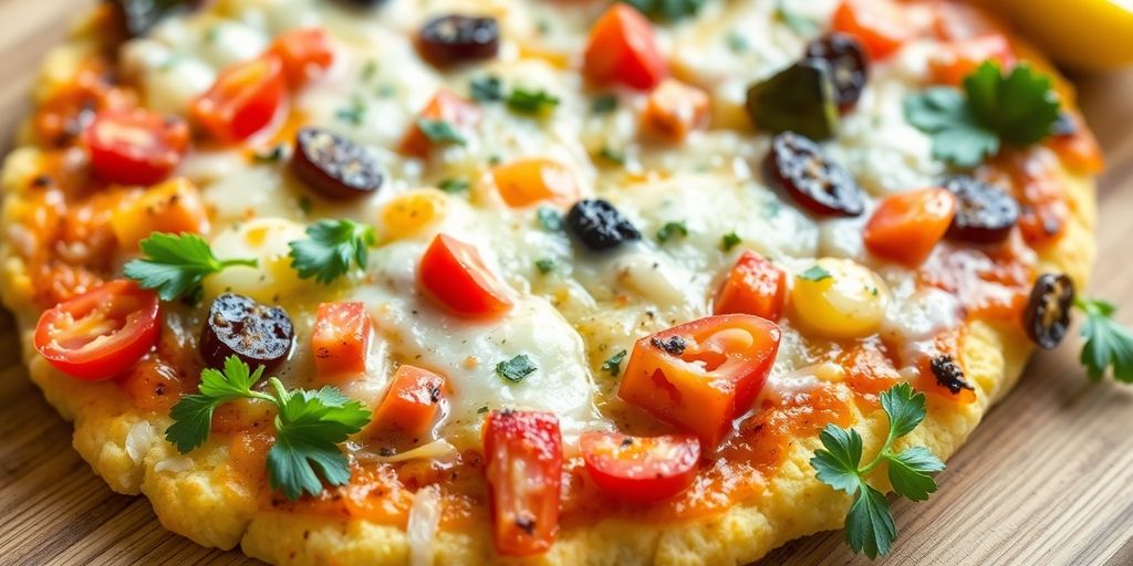 Cauliflower crust pizza with colorful toppings on wooden board.