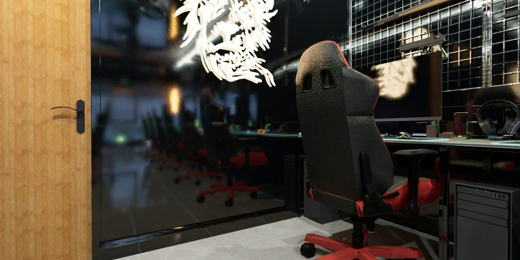 a room with a desk and a chair in it