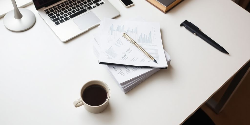 Professional workspace with laptop and financial documents.