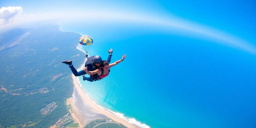 Tandem skydivers descending over Bali's beautiful scenery.