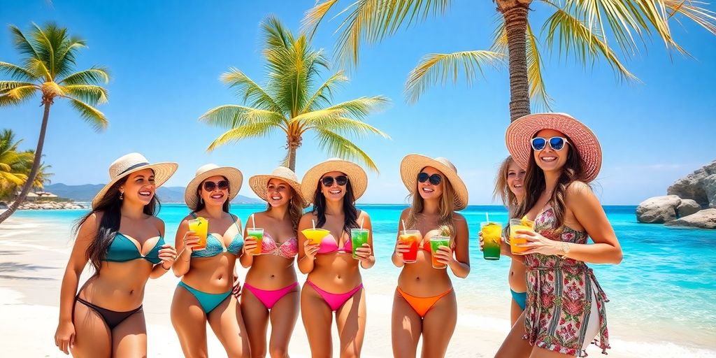 Friends celebrating bachelorette party on a Cabo beach.