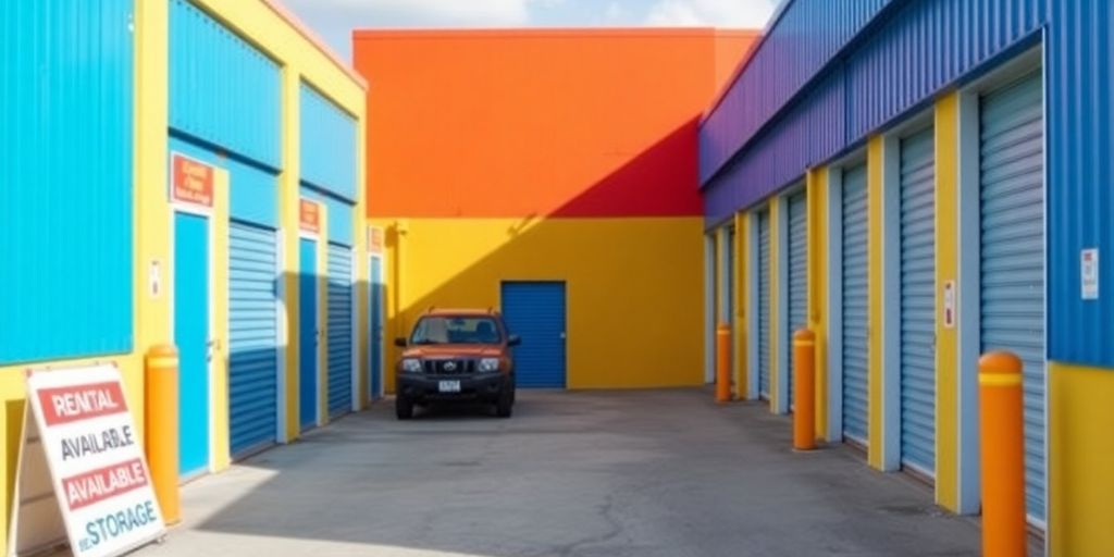 Self-storage units with organized outdoor access and vehicles.