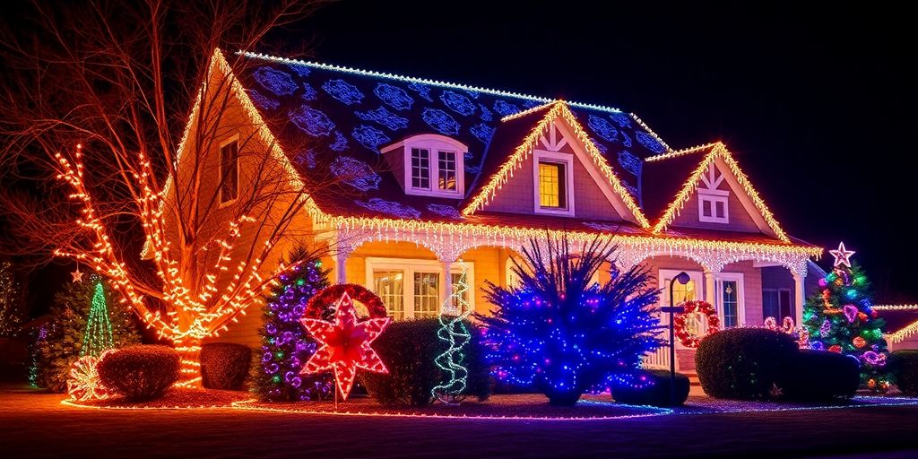 Professionally installed Christmas lights illuminate a home.