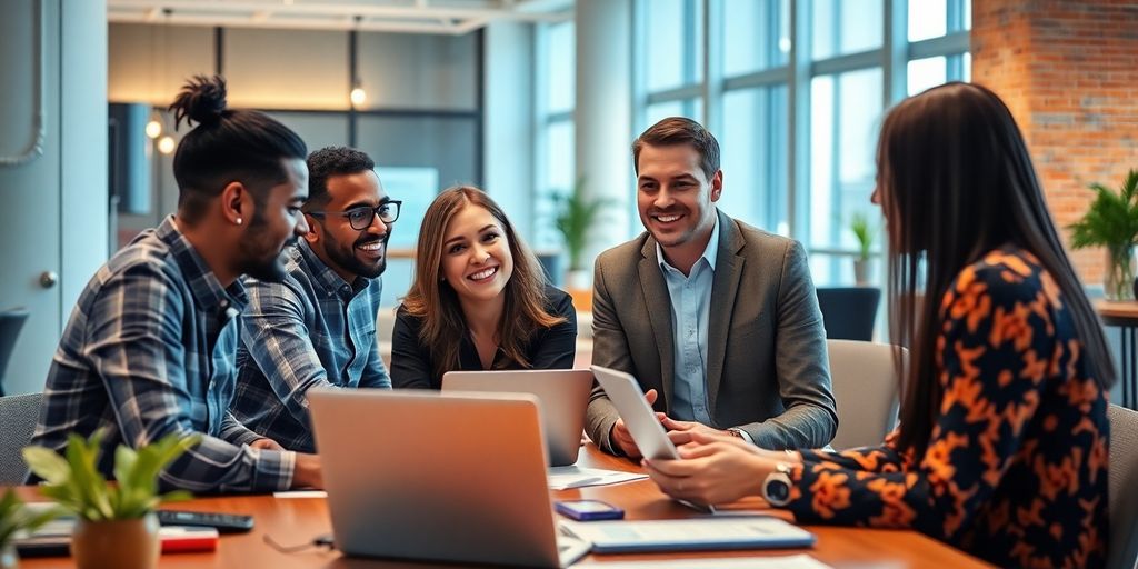 Diverse professionals collaborating in a modern office setting.