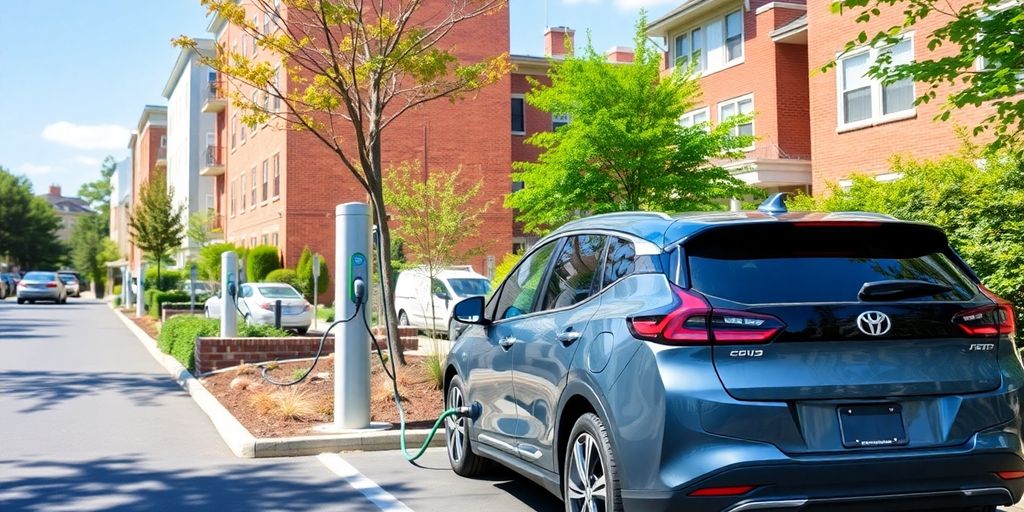 Electric vehicle charging at a station in Brookline, MA.