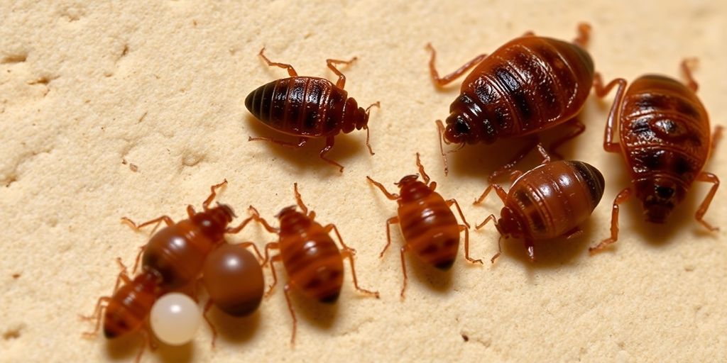 Photograph of bed bugs at various life cycle stages.