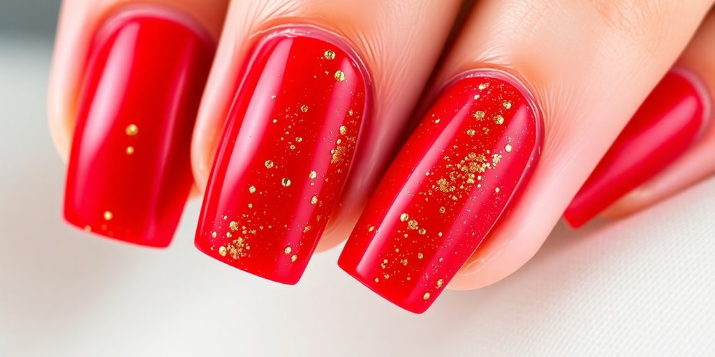 Unhas vermelhas com glitter dourado delicado.