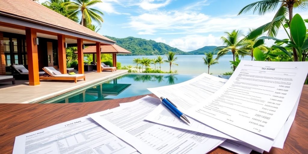 Thai villa with tax forms superimposed