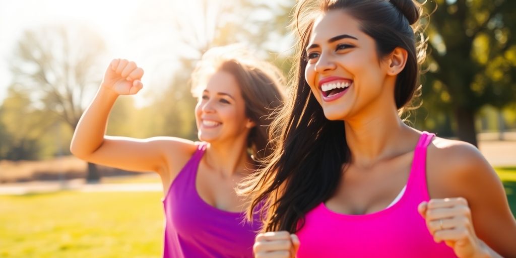 Two people happily exercising outdoors on a sunny day.