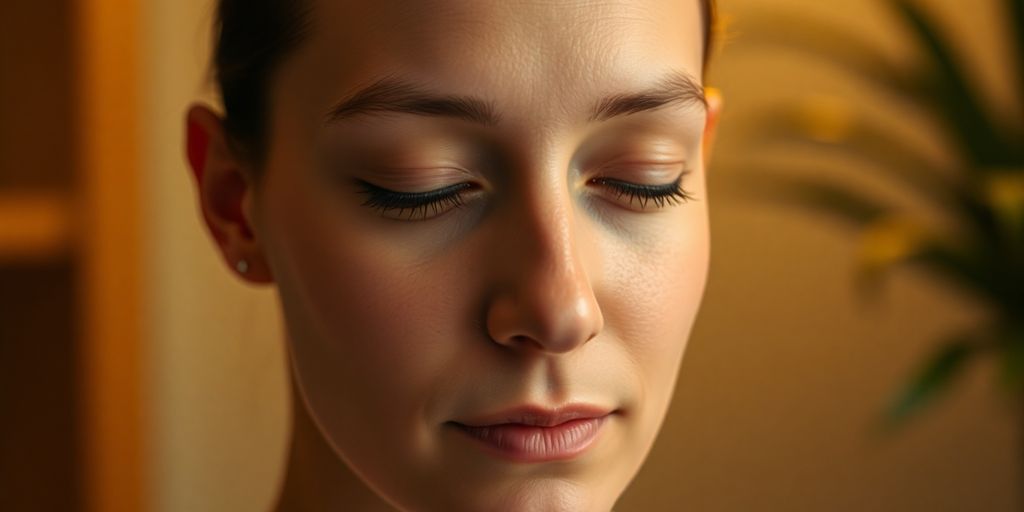Person meditating, soft light, serene expression.