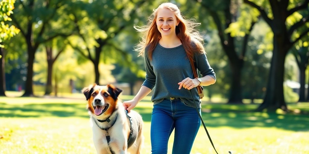 Teenage pet sitter walking a dog in the park.