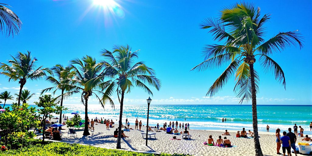 Sunny beach day in Aventura, Florida with palm trees.