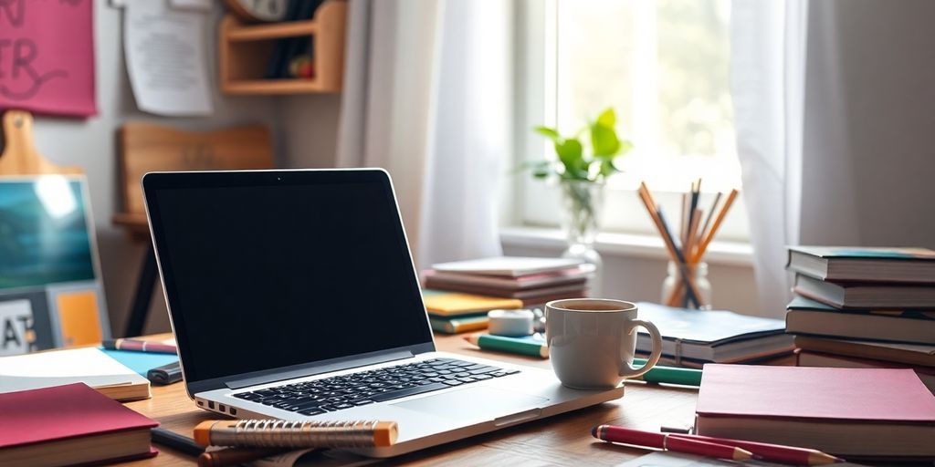 Cozy workspace with laptop and creative supplies.