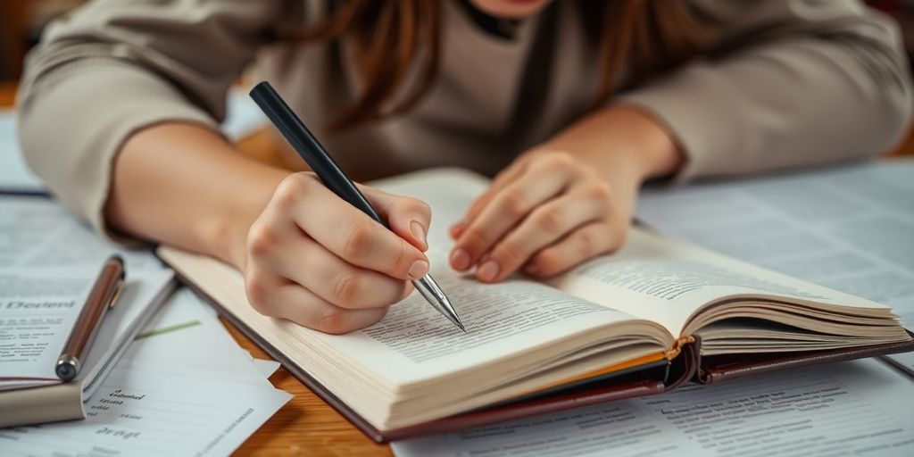 Student writing in notebook with research materials nearby.