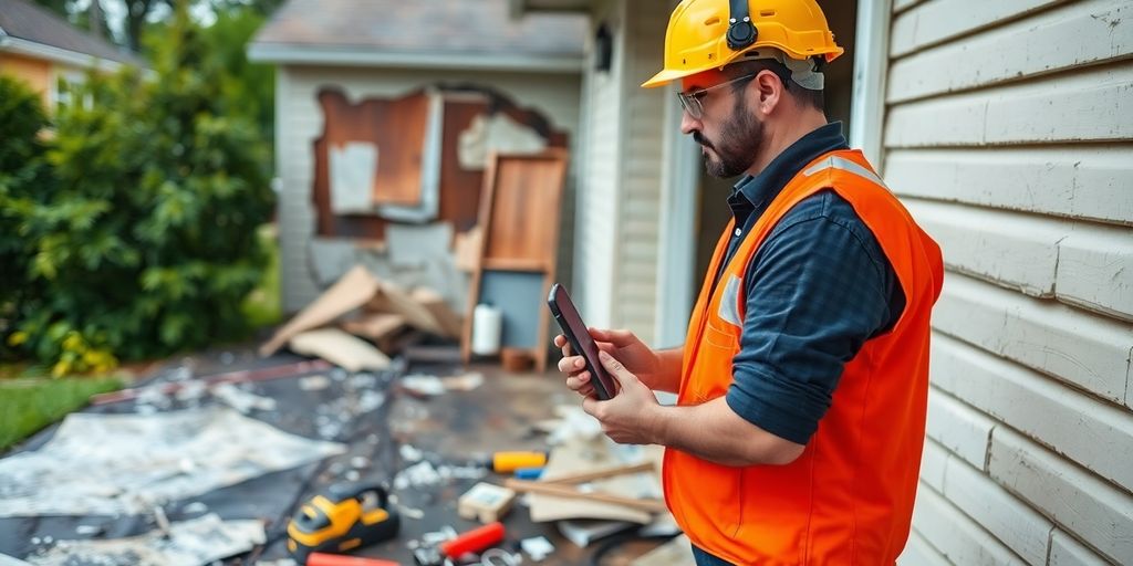 Professional assessing property damage with restoration equipment.