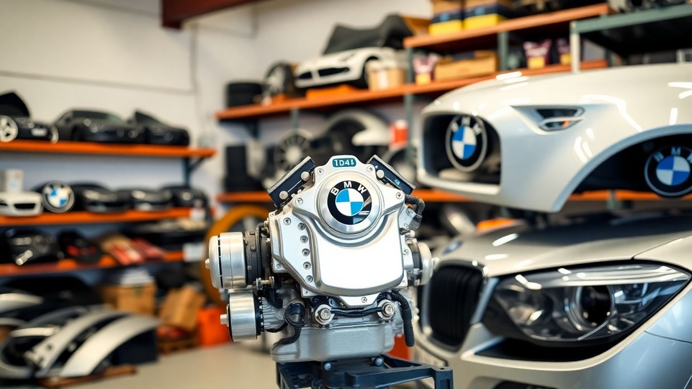 Organized BMW car parts in a workshop