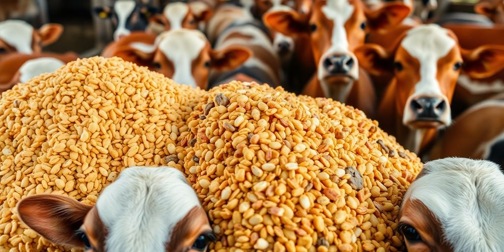 Colorful animal feeds with probiotics in a farm setting.