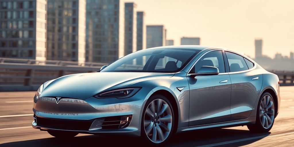 A sleek silver Tesla Model S.