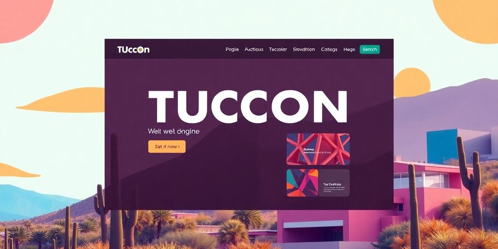 Modern web design elements in a colorful Tucson landscape.