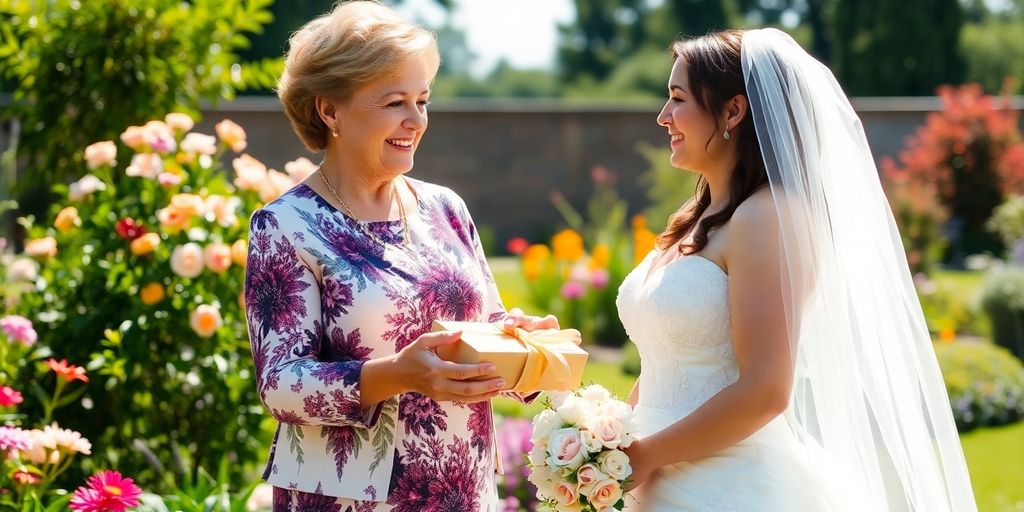 Mother gifting bride a heartfelt present in garden.