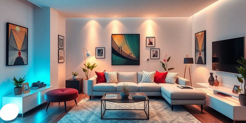 Modern living room with creative digital decor elements.