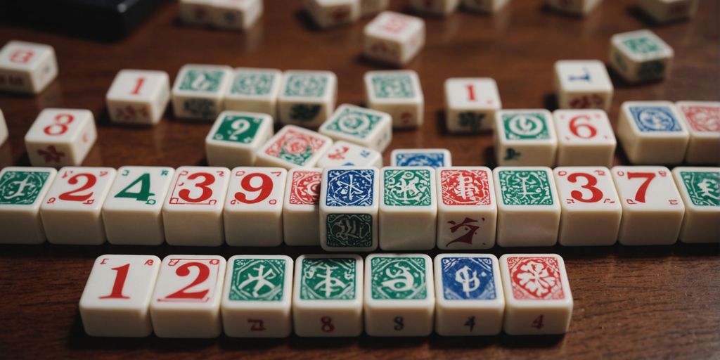 Mahjong tiles with numbers and symbols on a table.