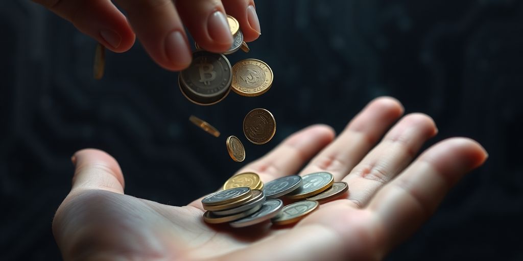 Falling coins, anxious investor, digital background.