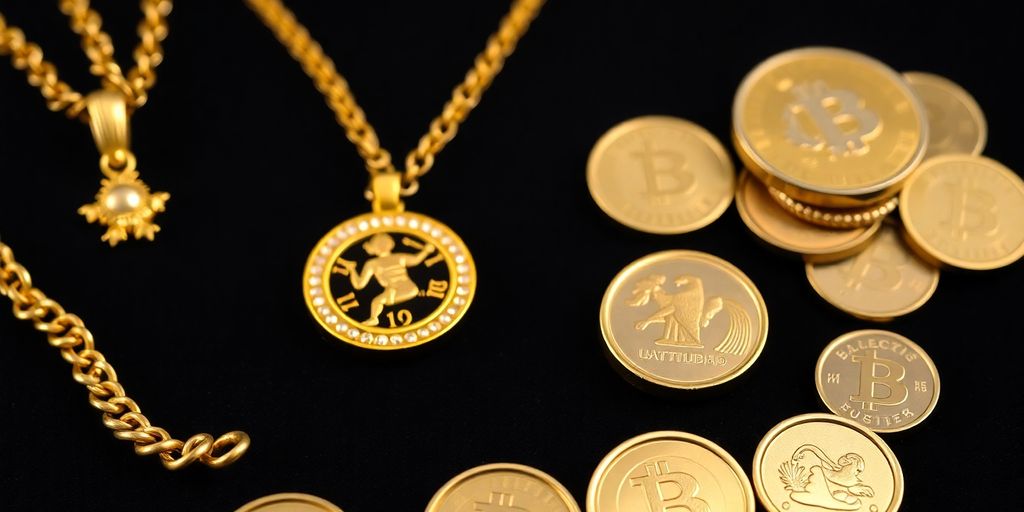 Bijoux et pièces d'or sur un fond sombre.