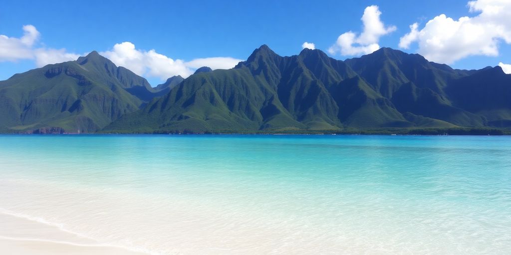 Tranquil Tahuata beach with turquoise water and lush green mountains.