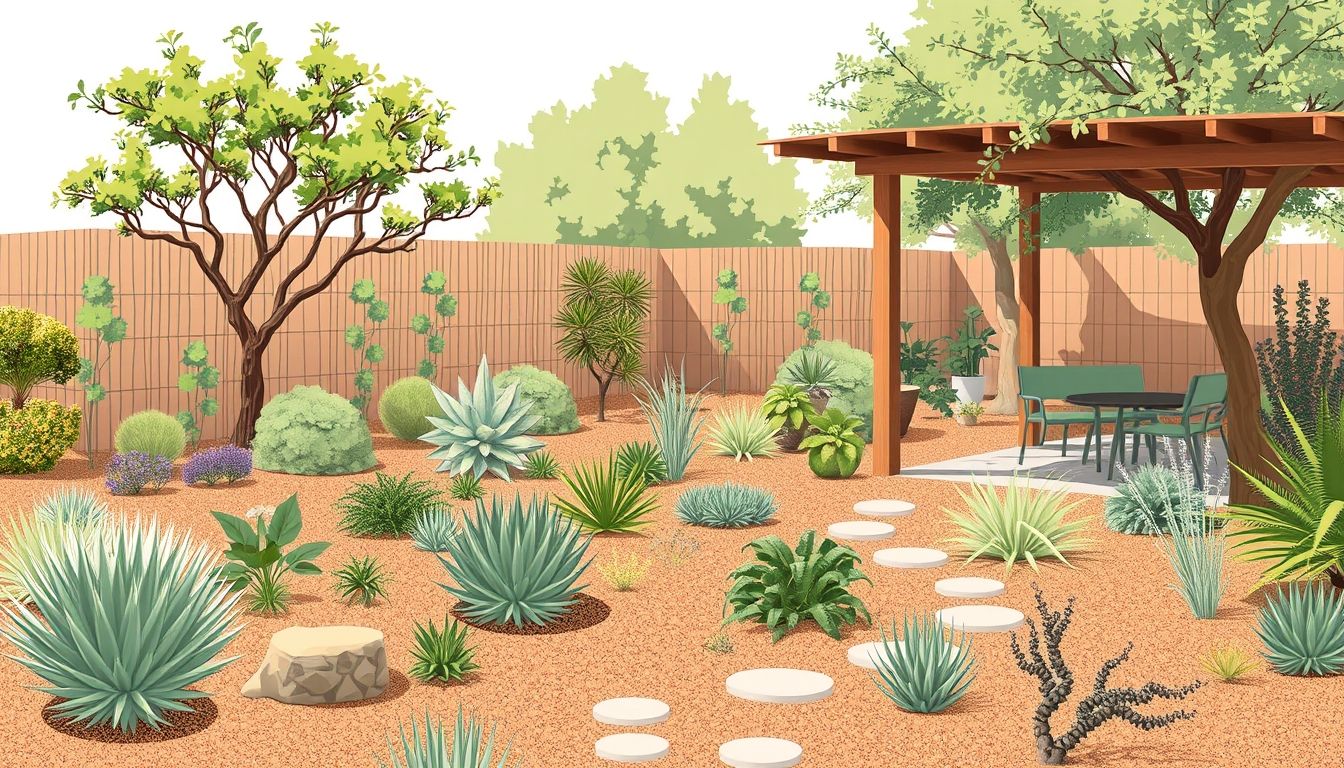 Drought-tolerant garden with plants and a small shelter.