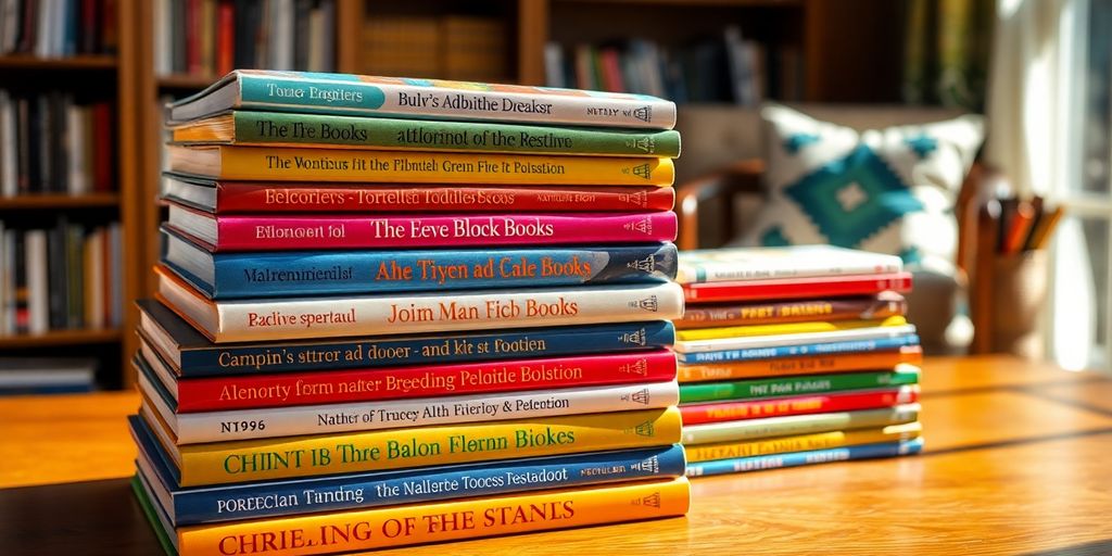Colorful stack of free books on a wooden table.