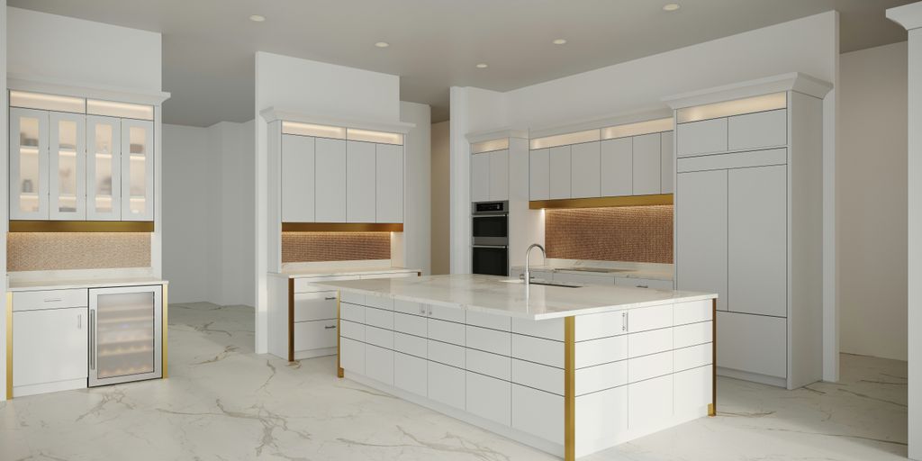 a kitchen with a marble counter top and white cabinets