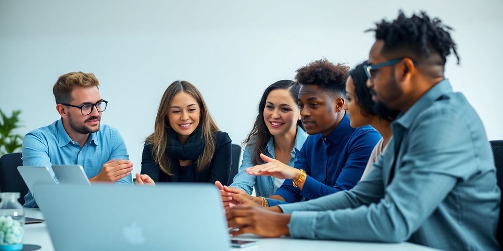 Integration durch Arbeit: Erfolgsgeschichte eines geflüchteten Mitarbeiters via Zeitarbeit Vielfältige Mitarbeiter arbeiten zusammen in modernem Büro.