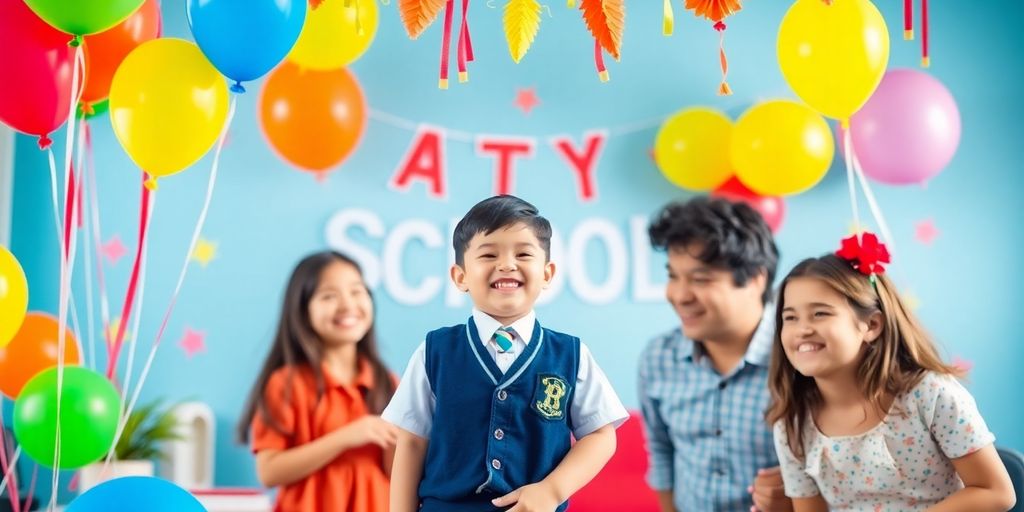 Bunte Einschulungsfeier mit Kindern und Dekorationen.