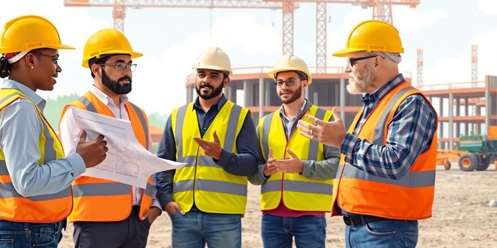Diverse construction team communicating on-site illustration.