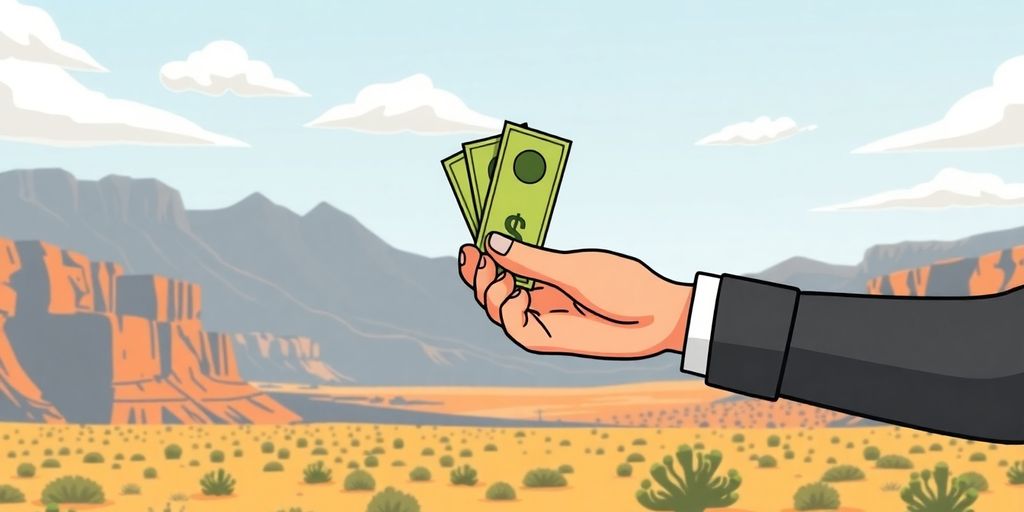 Cartoon hands exchanging money, Utah background.