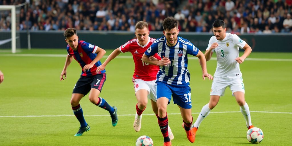 Soccer players in action during a match on the field.
