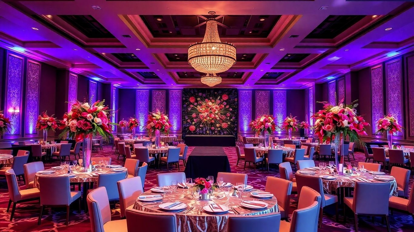 Elegant Dallas event decor with metallic accents and jewel-toned flowers.